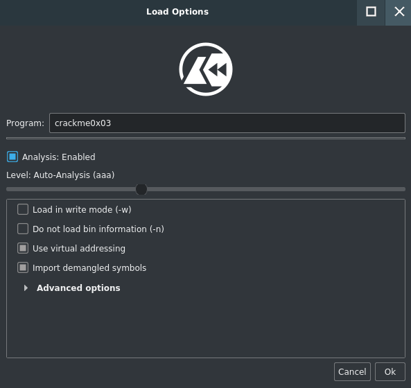 Loading crackme on Cutter